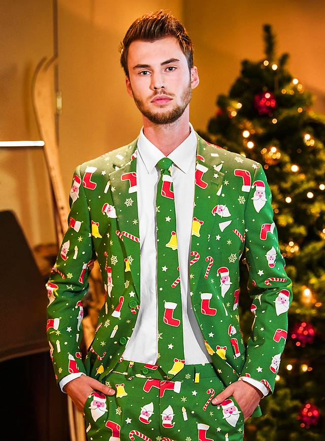 Grüner Weihnachtsanzug mit Weihnachtsmännern und weihnachtlichen Motiven