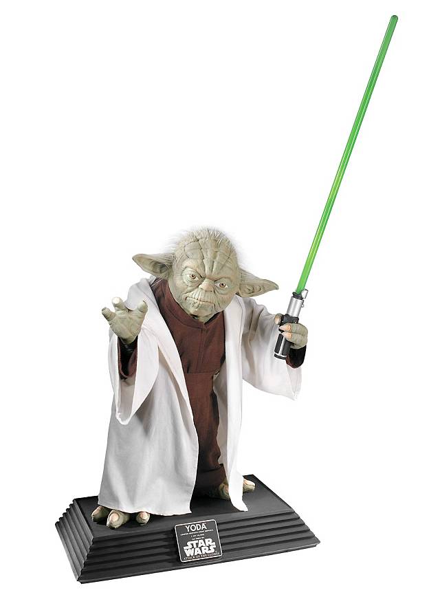 Star Wars Yoda Statue lebensgroß mit Lichtschwert
