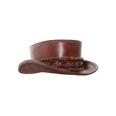 Cappello a cilindro piatto in pelle marrone