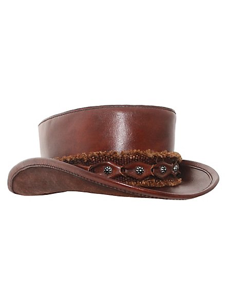 Cappello a cilindro piatto in pelle marrone