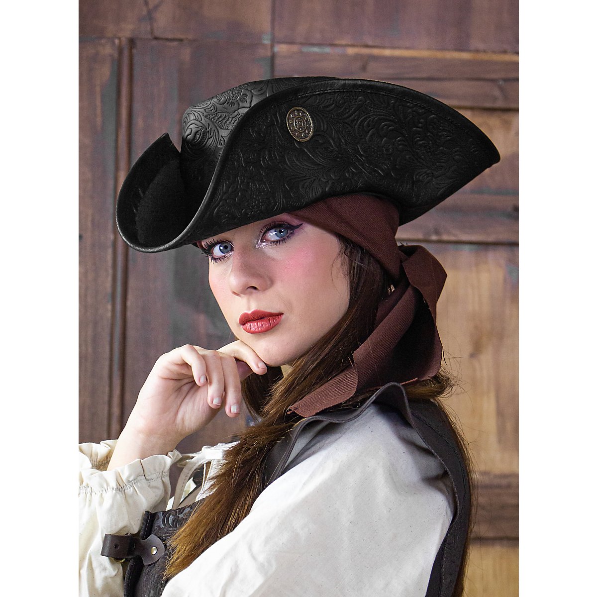Leather Pirate Tricorn Hat Black n Red -  Italia