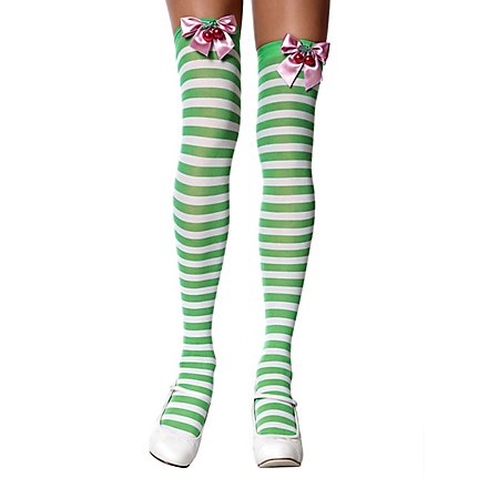 Grün geringelte Overknees mit Kirsch-Schleife