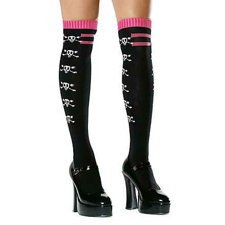 Overknee-Strümpfe mit Totenkopf-Muster Schwarz/Pink