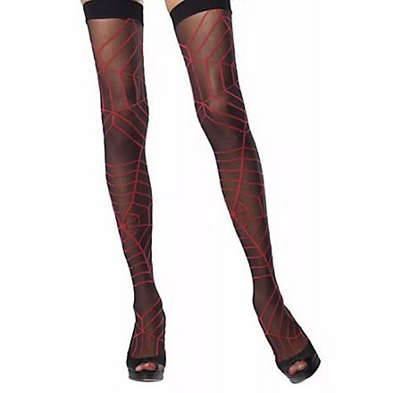 Schwarze Overknees mit roten Spinnweben