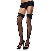 Fußfreie Netz-Overknees mit Rüschen und Schleife schwarz