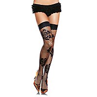 Netz-Overknees mit großem Rosenmuster, schwarz