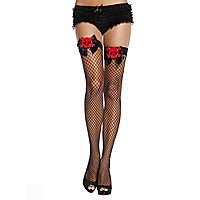 Netz-Overknees mit Totenkopf-Schleife, schwarz/rot