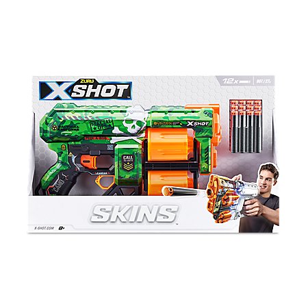 X-Shot Skins Dread Sketch – Federdruck Dartblaster, 12 Darts, Doppeltrommel, Bis Zu 27 M Reichweite