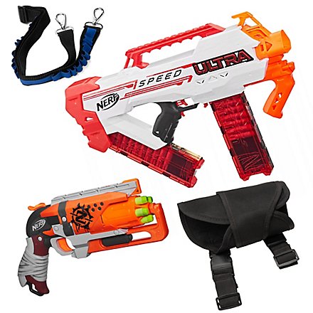 NERF Ultra Speed Mission-Ready Pack : deux blasters et une fléchette avec étui de transport.