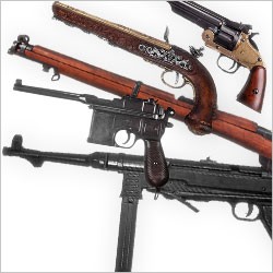 Feuer frei für realistische Repliken eleganter Schusswaffen in TOP Qualität! Großes Sortiment an Steampunk Feuerwaffen und klassischen Modellen.