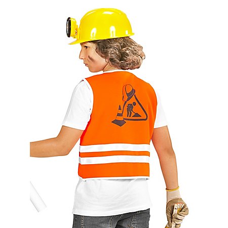 Verkleidung Bauarbeiter Kostüm Kinder Set Karneval Bauhelm Licht Warnweste  NEU