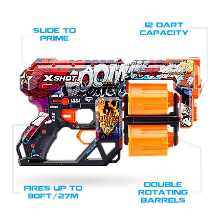 X-Shot Skins Dread Sketch – Federdruck Dartblaster, 12 Darts, Doppeltrommel, Bis Zu 27 M Reichweite