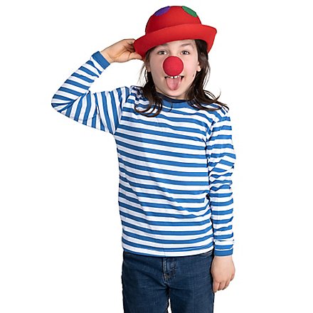 Clown costume for children with blue wrestling shirt, clown nose and hat