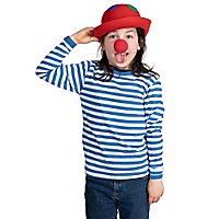 Clownskostüm für Kinder mit blauem Ringelshirt, Clownsnase und Hut