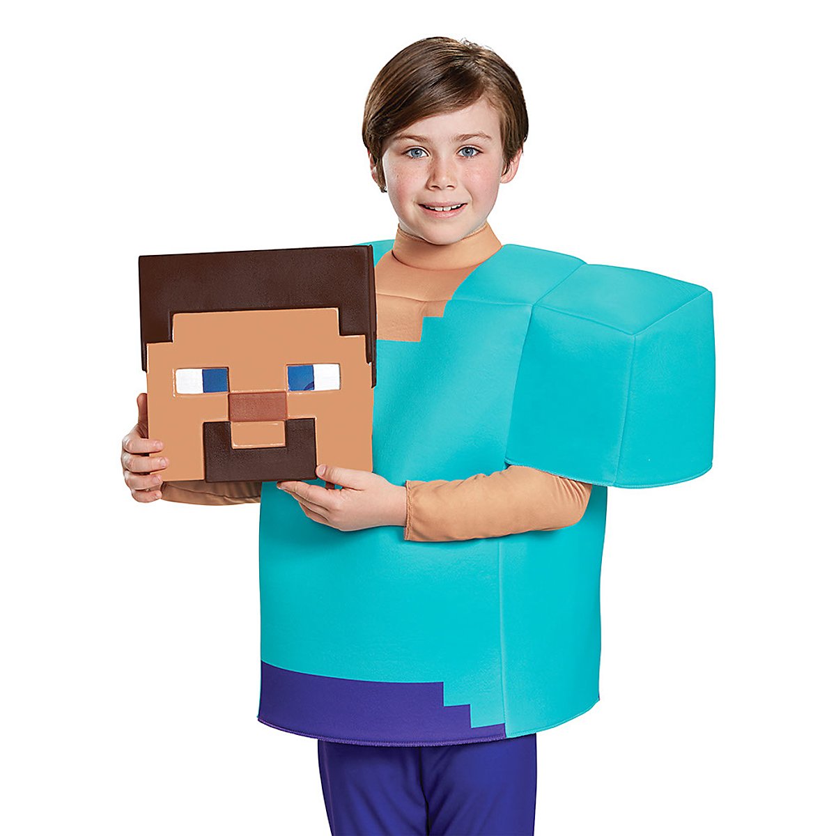 disfraz de Steve de Minecraft con camiseta turquesa y accesorios de formas cuadradas