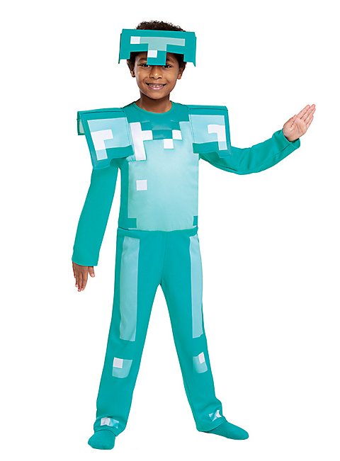 Minecraft Kinderkostüm – Verzauberte Diamant-Rüstung In Größe M (7-8 Jahre), Inkl. Overall, Hut, Schnurrbart & Knöpfe