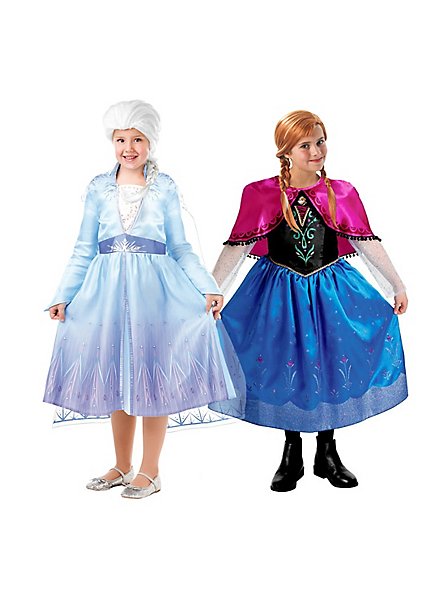 Anna und Elsa Verkleidungskiste mit zwei Kinderkostümen und zwei Perücken