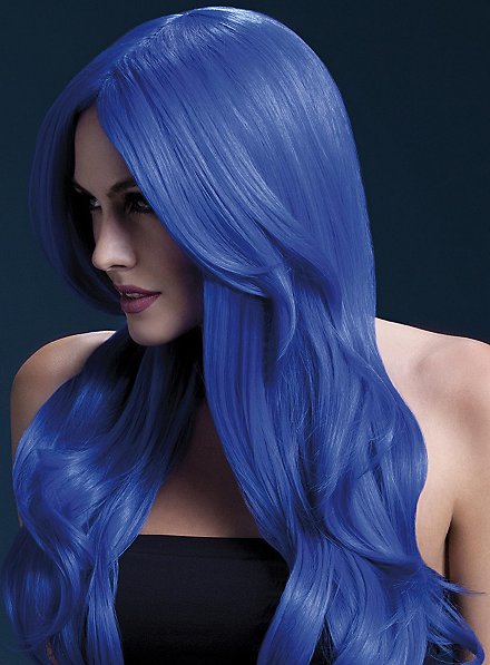 Beach Waves wig neon-blue, middle parting