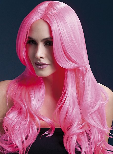 Beach Waves wig neon-pink, middle parting