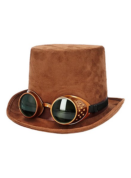 Cappello a cilindro marrone con occhiali