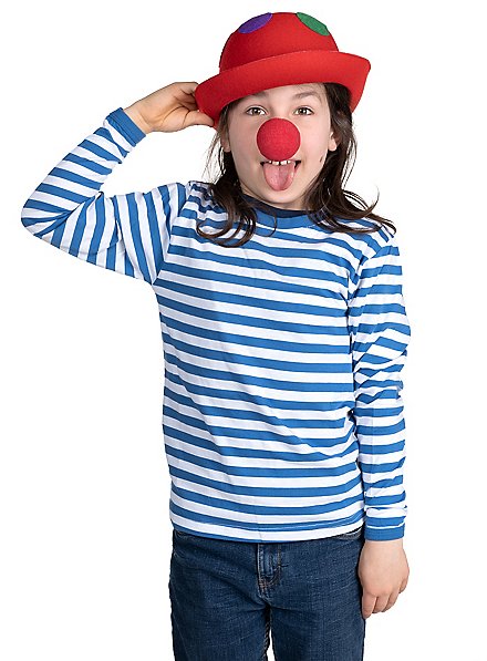 Clownskostüm für Kinder mit blauem Ringershirt, Clownsnase und Hut