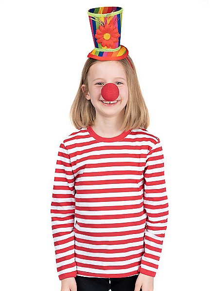 Clownskostüm für Kinder mit rotem Ringershirt, Clownsnase und Hut