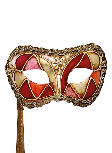 Colombina arlecchino rosso con bastone - Venezianische Maske