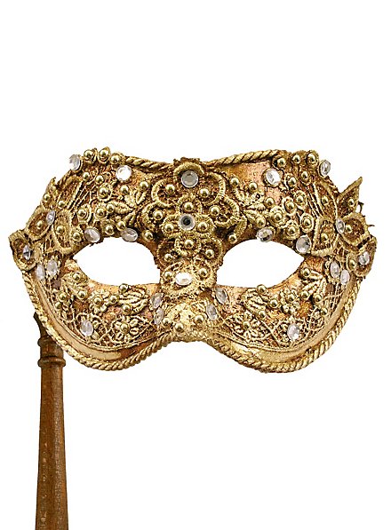 Colombina macrame oro con bastone - Venezianische Maske