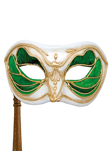 Colombina Monica verde bianco con bastone - Venezianische Maske