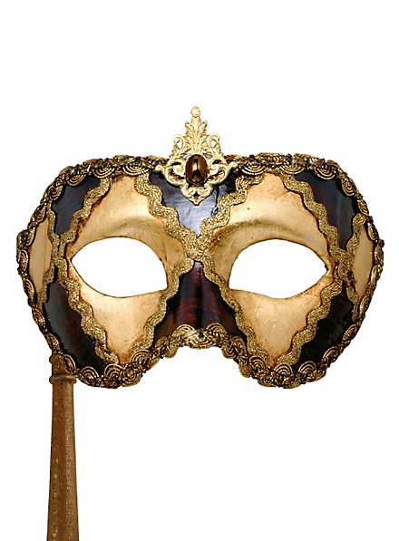 Colombina scacchi oro cuoio con bastone Venezianische Maske