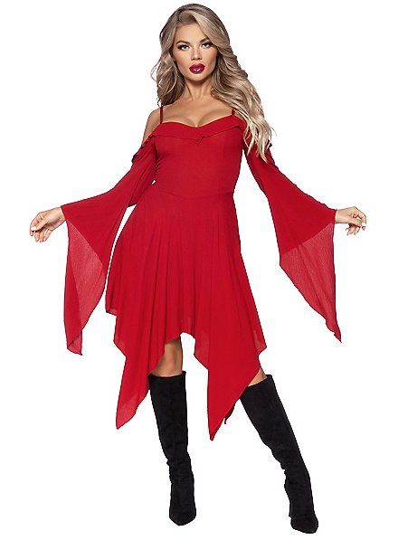 Dark red strap dress with trumpet sleeves