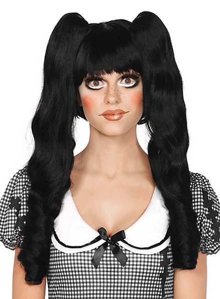 Doll Wig with Pigtail Clips black