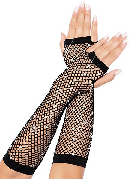 Fingerless fishnet gloves with rhinestones