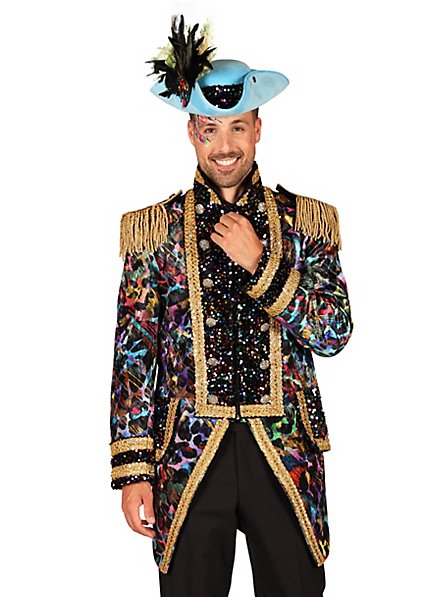 Completo Uomo Elegante Due Pezzi – Giacca E Pantaloni In Tonalità Porpora E Dorato, Stampa Maschere, Per Cerimonie E Carnevale