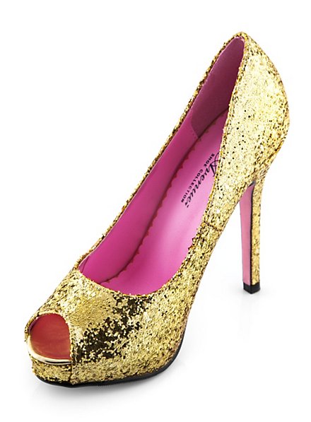 gold glitter open toe heels