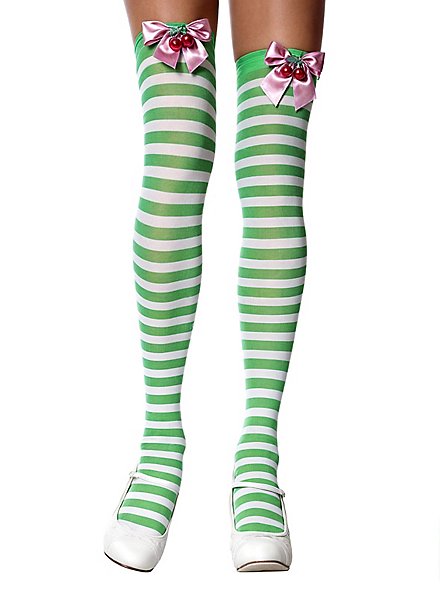 Grün geringelte Overknees mit Kirsch-Schleife