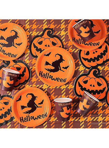 Halloween Geschirr Set – 100 Teile, Aus Recycelbarem Papier, Mit Kürbis-Motiven | Für Halloween- & Horrorpartys