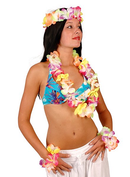 Rainbow Colour Hawaiian Fancy Dress Kit Leis Crown & Bracelet 