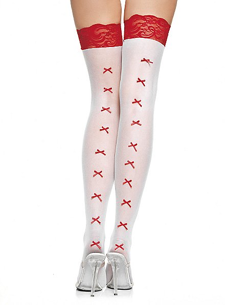 Hold up stockings with lace and bows white-red