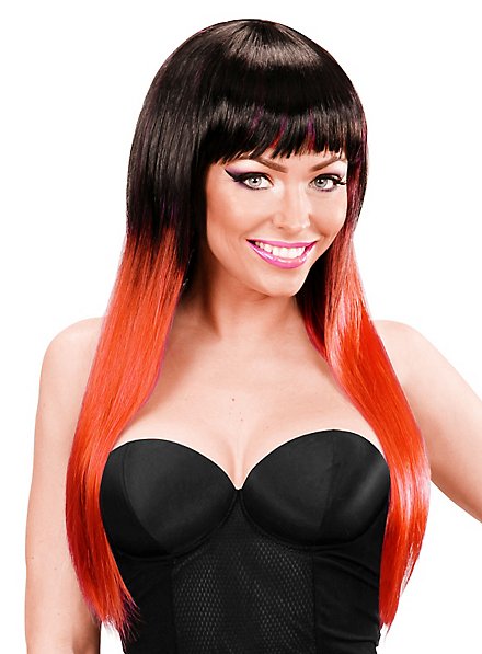 Long hair wig striped black-red
