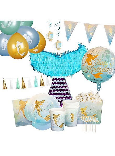 Meerjungfrauen Party Deko Set Deluxe 54-teilig mit Piñata für 6 Personen
