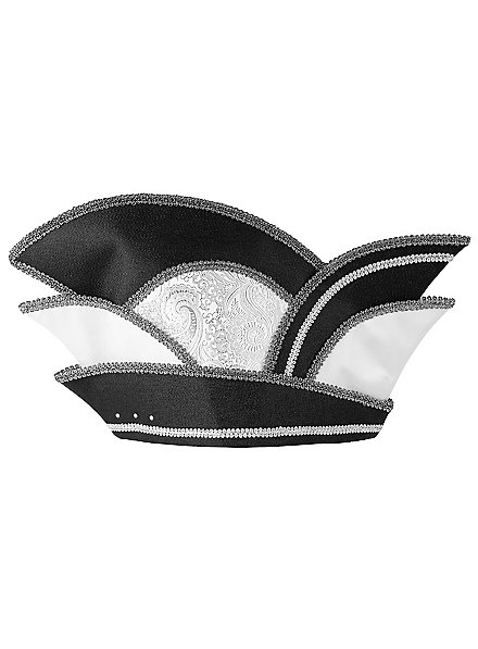 Narrenkappe - schwarz-silber Paisley mit Ziersteinen
