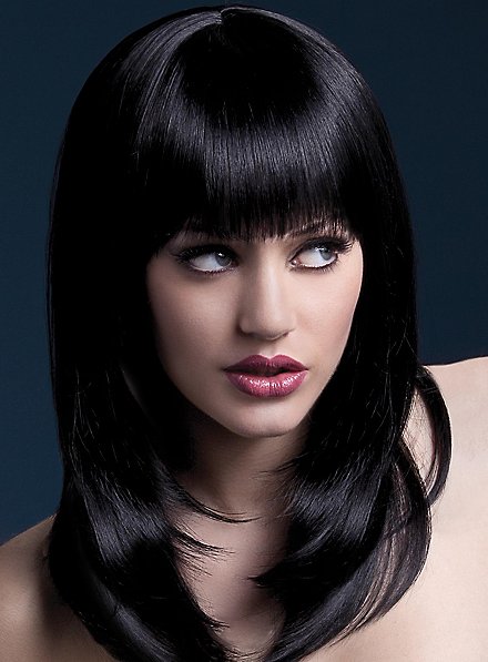 Peluca Negra Con Flequillo Corte Pluma