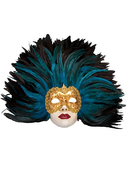 Piuma blu Grande Volto stucco oro Venezianische Maske