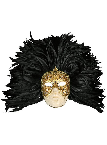 Piuma grande volto macrame oro piume nere - Venezianische Maske