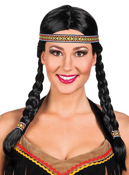 Black Indian Wig Pigtails Headband Adults Ladies Womens Fancy Dress Accessory 