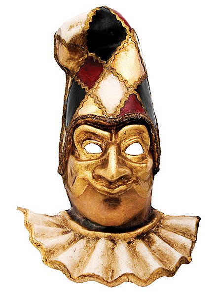 Pulcinella oro con capello scacchi colore Venezianische Maske