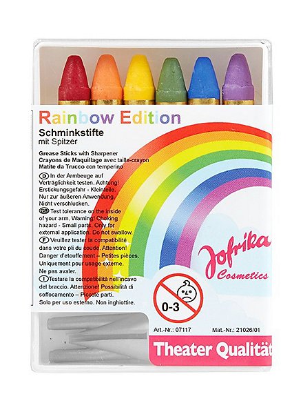 Six rainbow make-up pencils with sharpener