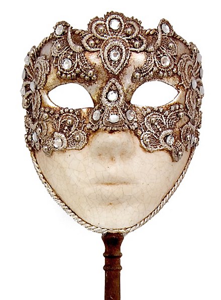 Volto macrame argento con bastone Venezianische Maske