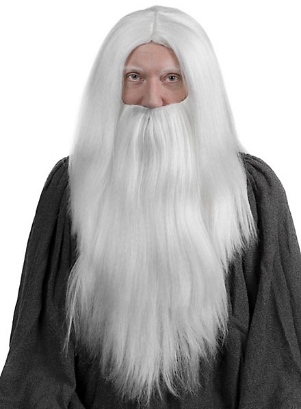 White gray long hair wig with chest length full beard